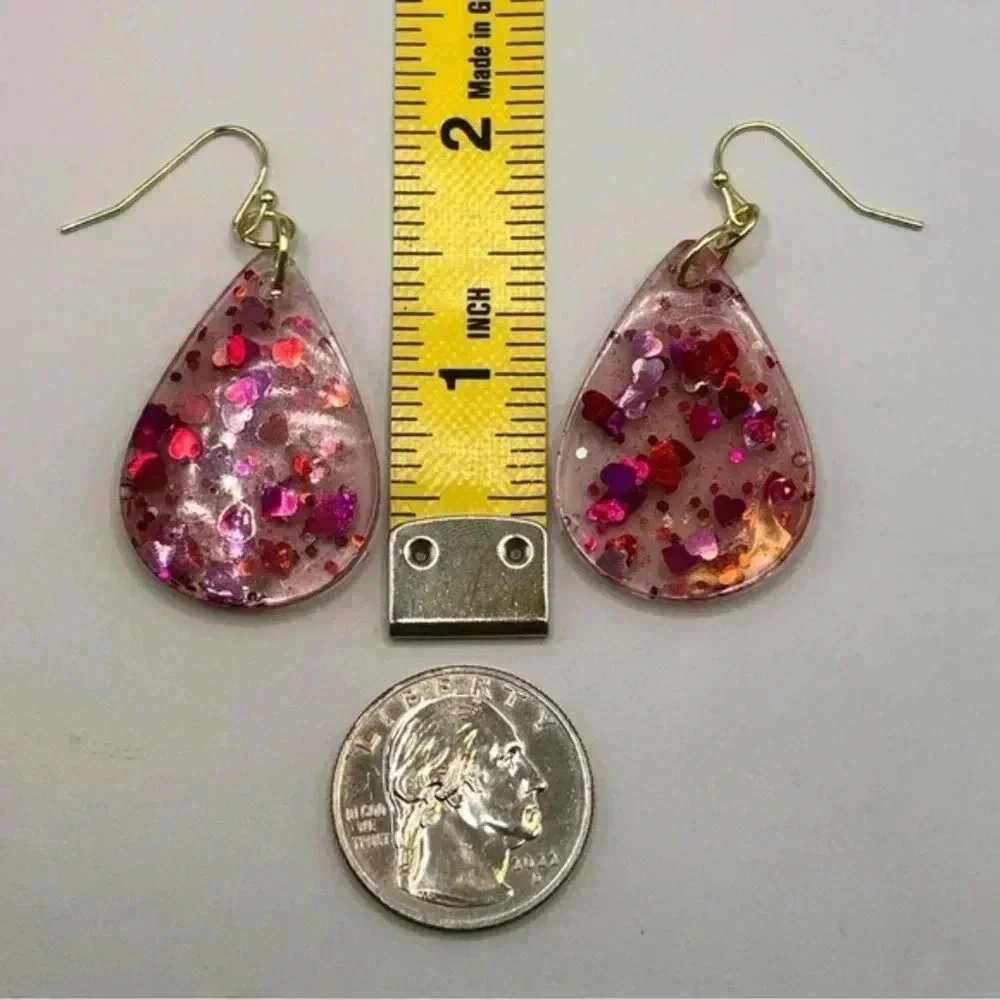 Pink Red Hearts Love Handmade Resin Glitter Gold Teardrop Drop Earrings New NWT